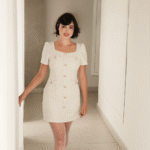 Vestido creme curto com botões e meia-calça rosa Soiko